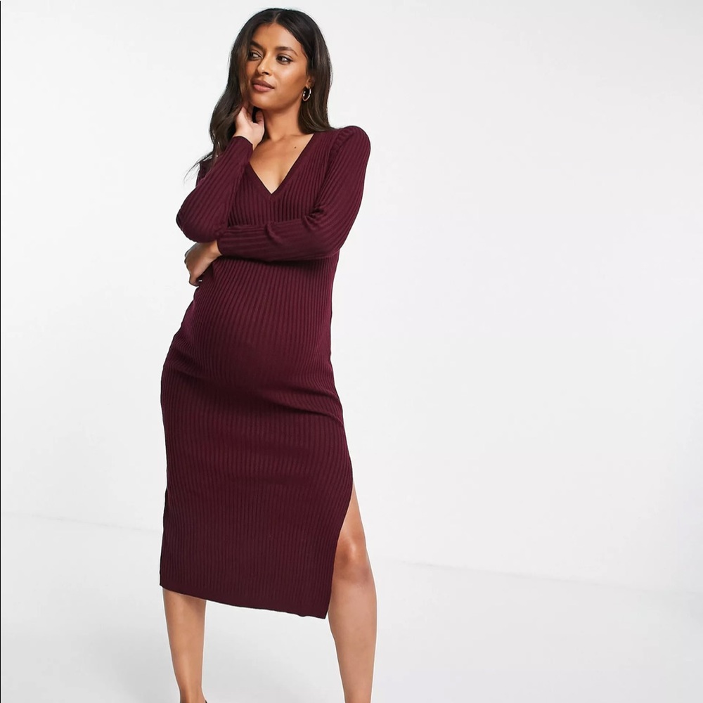 ASOS DESIGN Maternity Knitted Ribbed Dress in Dark Red